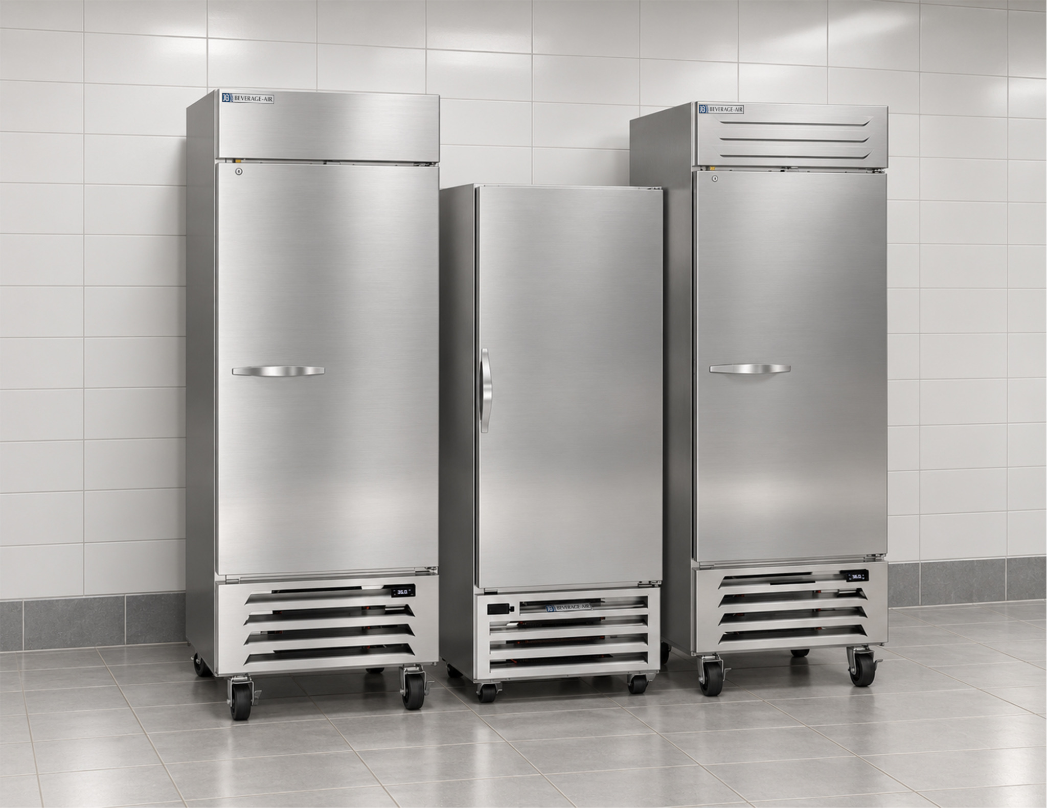 Beverage-Air bottom mount reach-in units in a commercial kitchen
